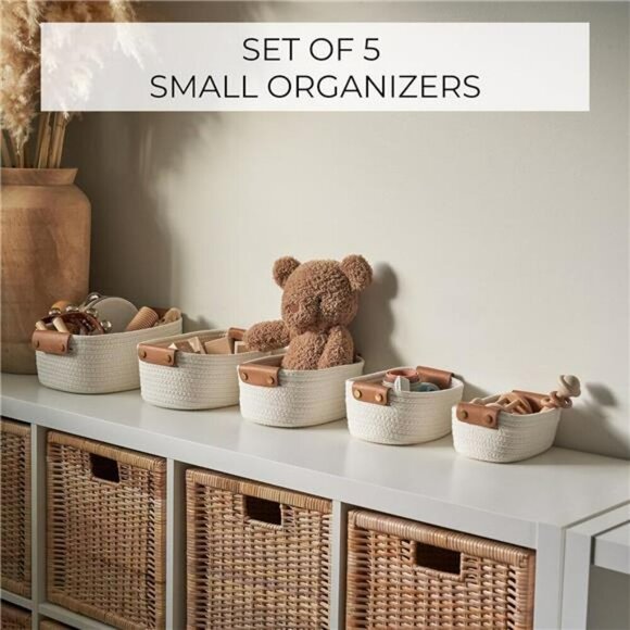 Set of 5 Cotton Rope Storage Baskets for Nursery Closet Bathroom Shelves Bin - Picture 5 of 8